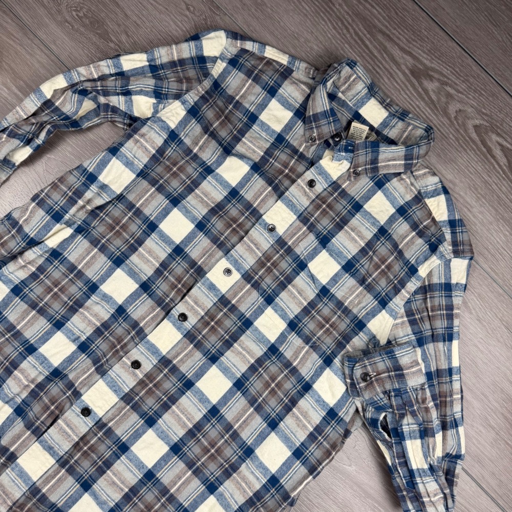 L.L. Bean Mens Flannel Shirt Traditional Fit Plaid Blue Cream L-REG